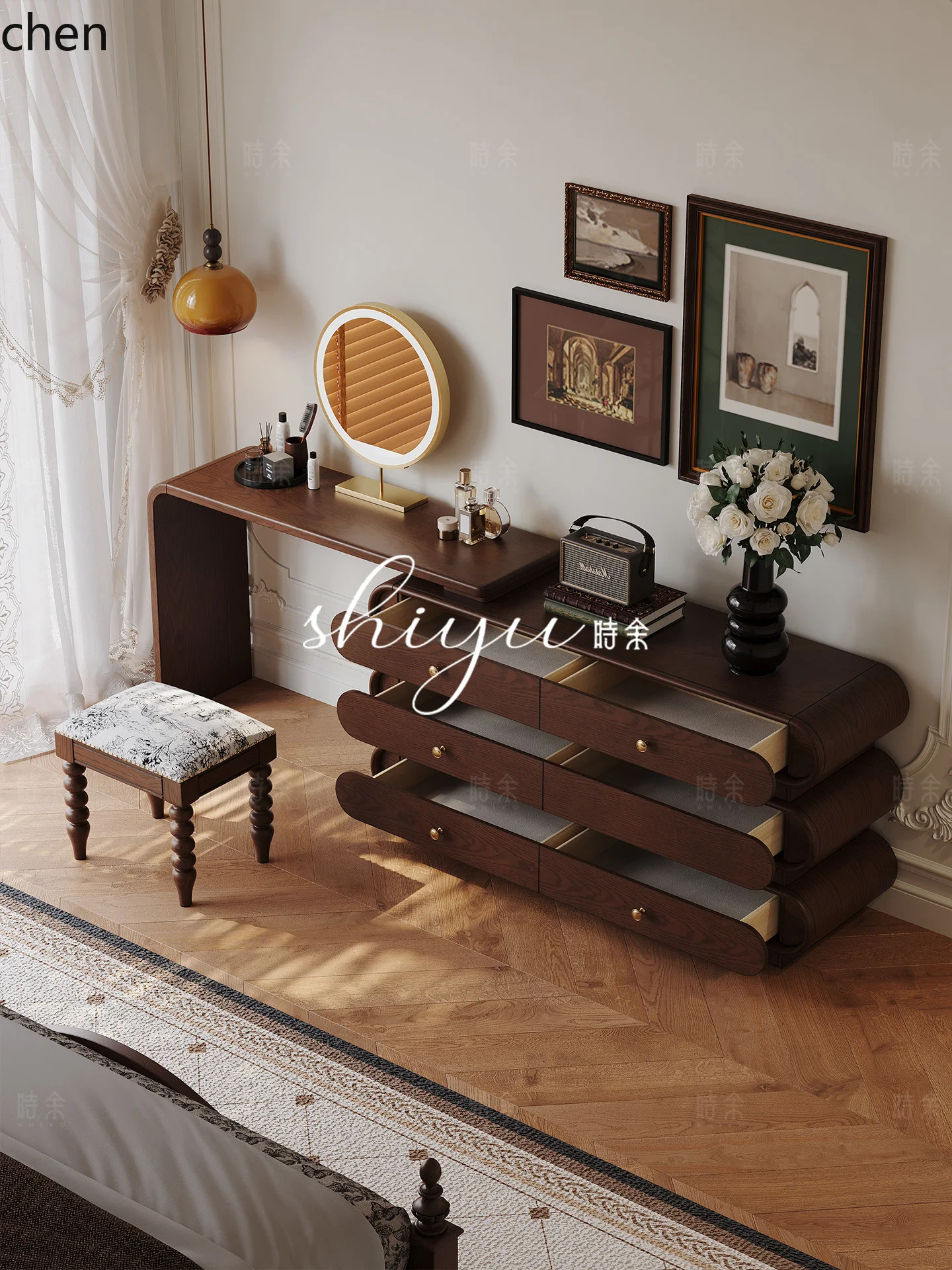 

HXL Vintage Corner Makeup Table Bedroom Solid Wood Dressing Table Cabinet Chest of Drawers