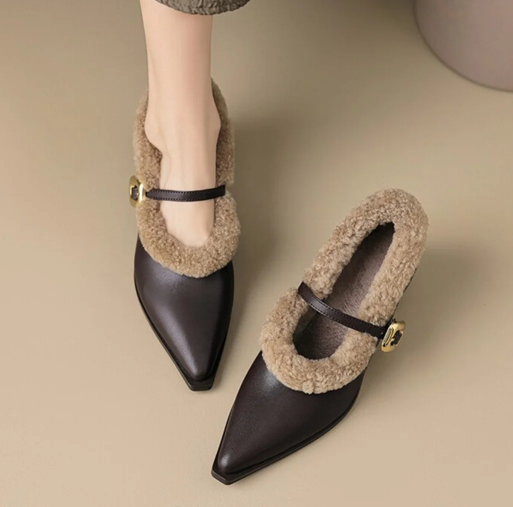 Elegant Metal Buckle Mary Janes Woman Chic Brand Design Fur Women Low Heel Dress Shoes Ladies Winter Warm Plush Belt Pump Zapato