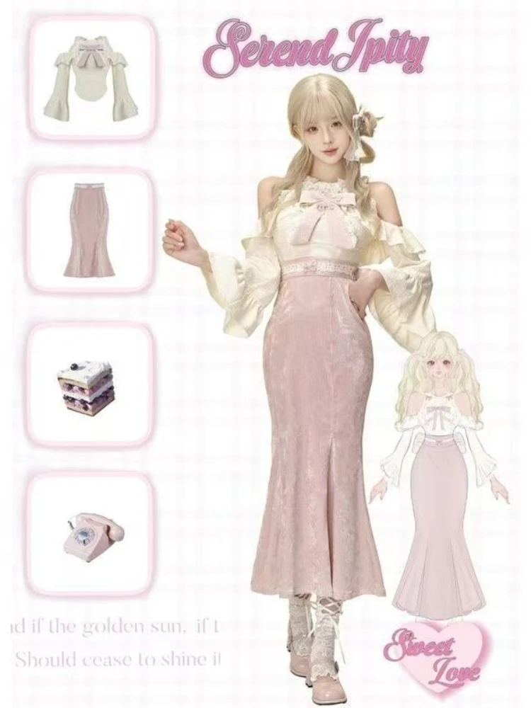 Set Wanita Elegan Gaya Prancis Musim Gugur, Manis dan Chic, 2 Potong, Atasan Berenda dengan Aksen Pita + Rok Berpinggang Tinggi