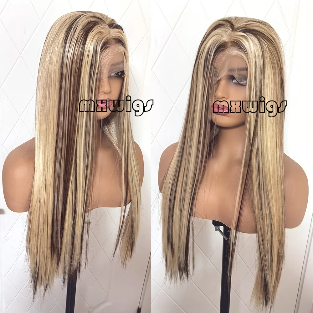 MXWIG Synthetic Hair Highlight Blonde Straight Glueless 13X4 Lace Front Wig For Black Women Preplucked  Daily Fiber Cosplay