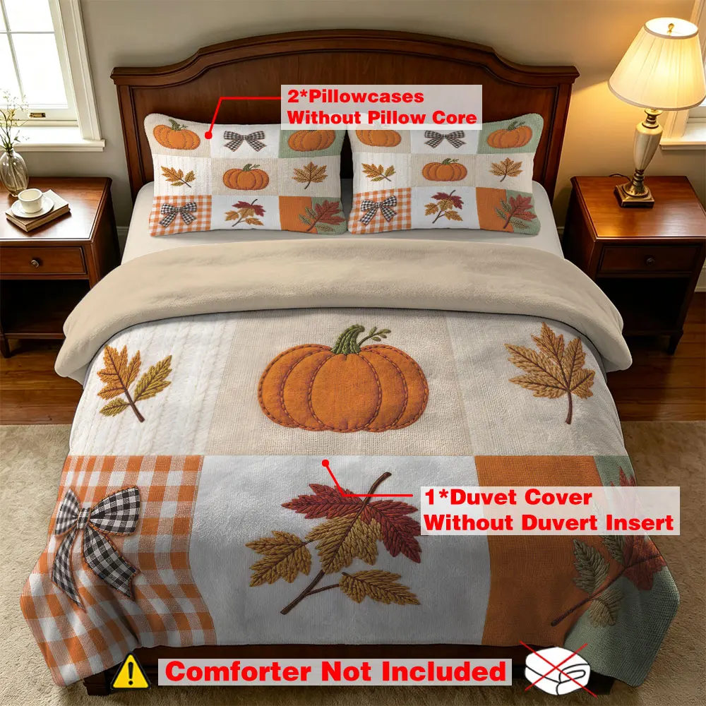 Fall Pumpkin Bow Maple Leaf Patchwork Milk Velvet Duvet Cover Set 3 Piece Soft Flannel Bedding Set Home Decor