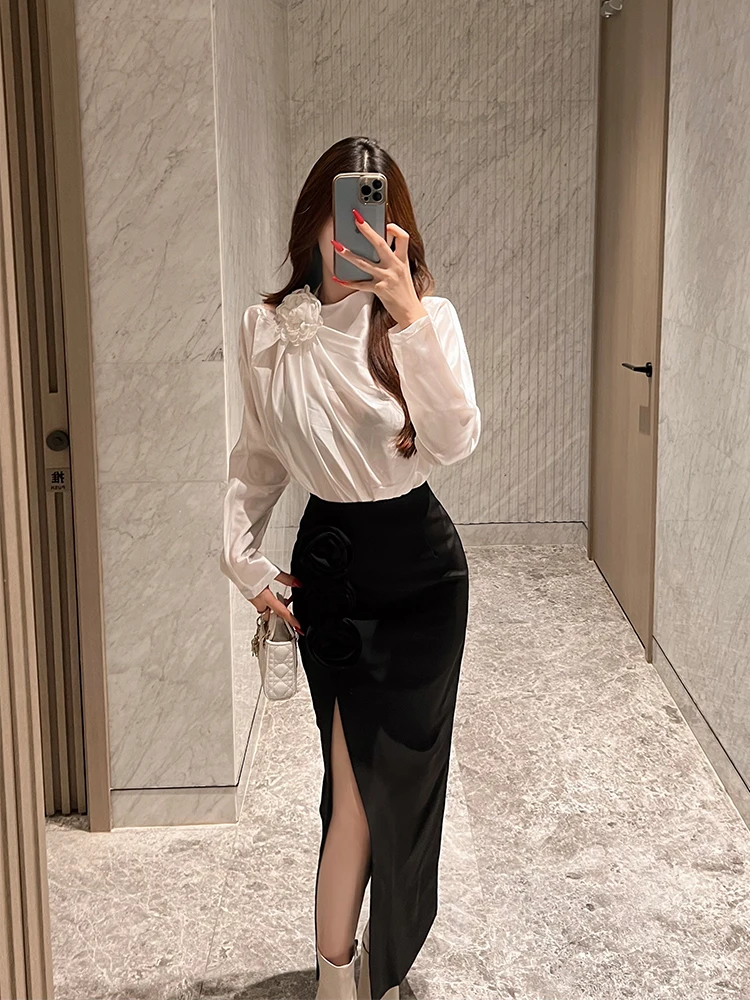 

Женский комплект из двух предметов: длинное платье и юбка с цветочным принтом, модный облегающий крой с высокой талией и асимметричным подолом