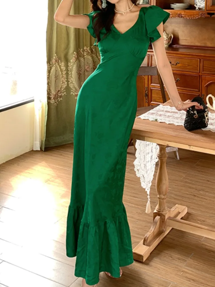 

French Vintage Green Ruffles Satin Women's Long Dresses Waist Print V-Neck Flying Sleeves Dress Fashion New 2025 Summer Vestidos