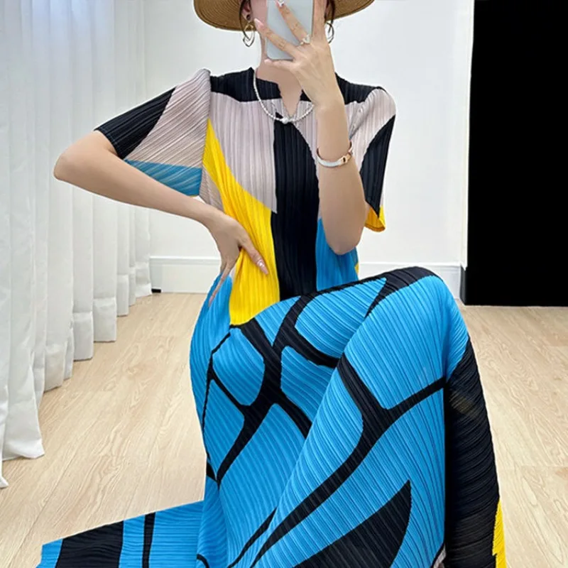 

Casual Dressed Women 2023 Summer New Super Immortal Print Loose and Slim Pleated Mid length Dress O Neck Short Sleeve Dress