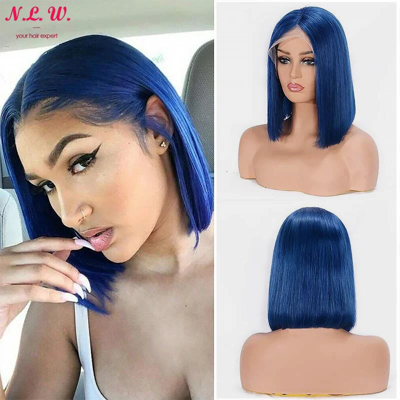 N.L.W Blue color lace front human hair wigs 13*4 short Bob straight human wigs 12 inch frontal hair for women 180% density