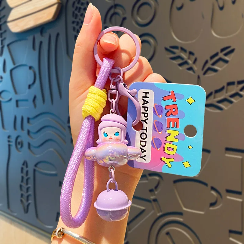 Electroplated Bubble Pilot Helicopter Doll Keychain Cute Pink Purple Girl On Plane Bell Keyring Pendant Braided Rope Key Chains