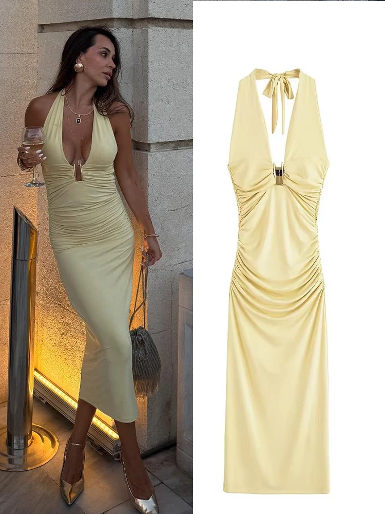 

HH Women Fashion Sexy Solid Halter Neck Temperament Slim Sleeveless Dress Female Elegant Backless Party Pleated Long Dress