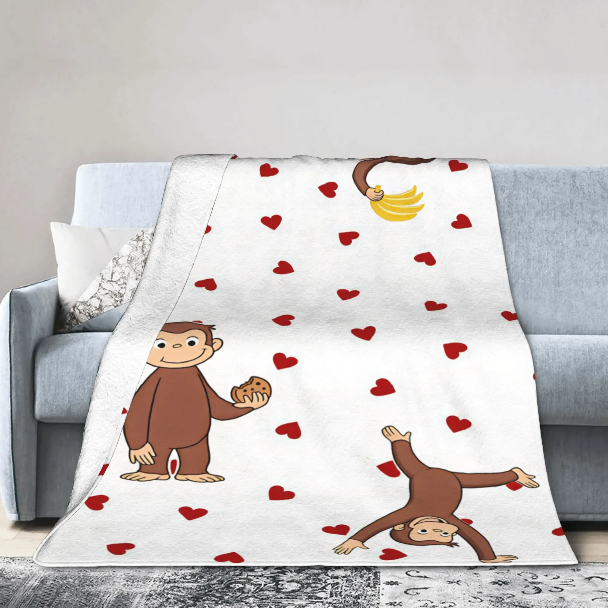 Soft Throw Blanket Travel Office Curious George Red Hearts Blanket  Flannel Bedspread For Couch Chair Aesthetic Sofa Bed Cover