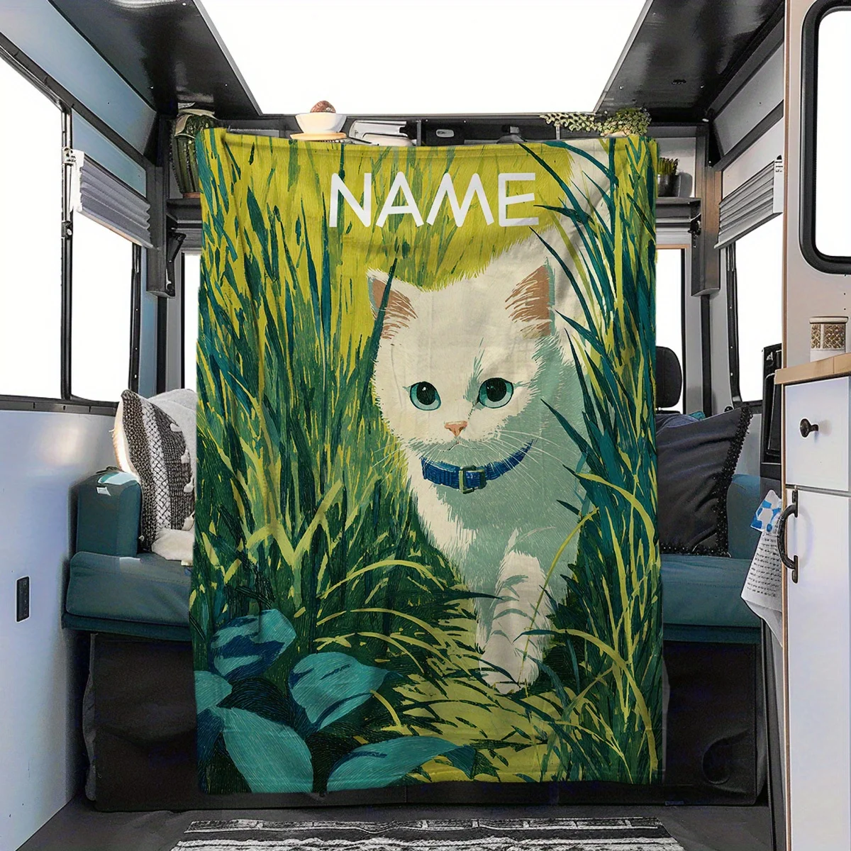 Custom Name White Kitten Flannel Throw Blanket Cute Cat in Green Grass Print Soft Lightweight Personalized Blanket for Sofa Bed