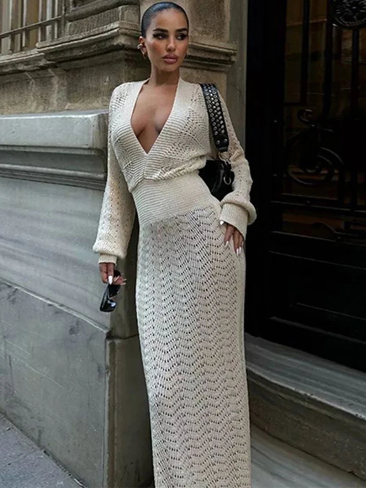 Trendix Deep V Neck Knit Dress For Women's Autumn Long Sleeve Slim High Waist Maxi Dresses Party Knitwear Elegant Evening Dress