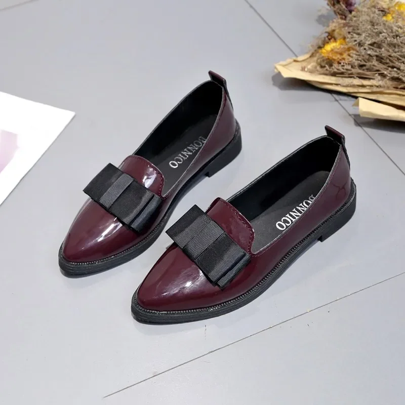 Women's Loafers Bow Pointed Toe Flat 2024 New Shoes for Women Patent Leather Shallow Mouth Casual Comfortable Ladies Shoes