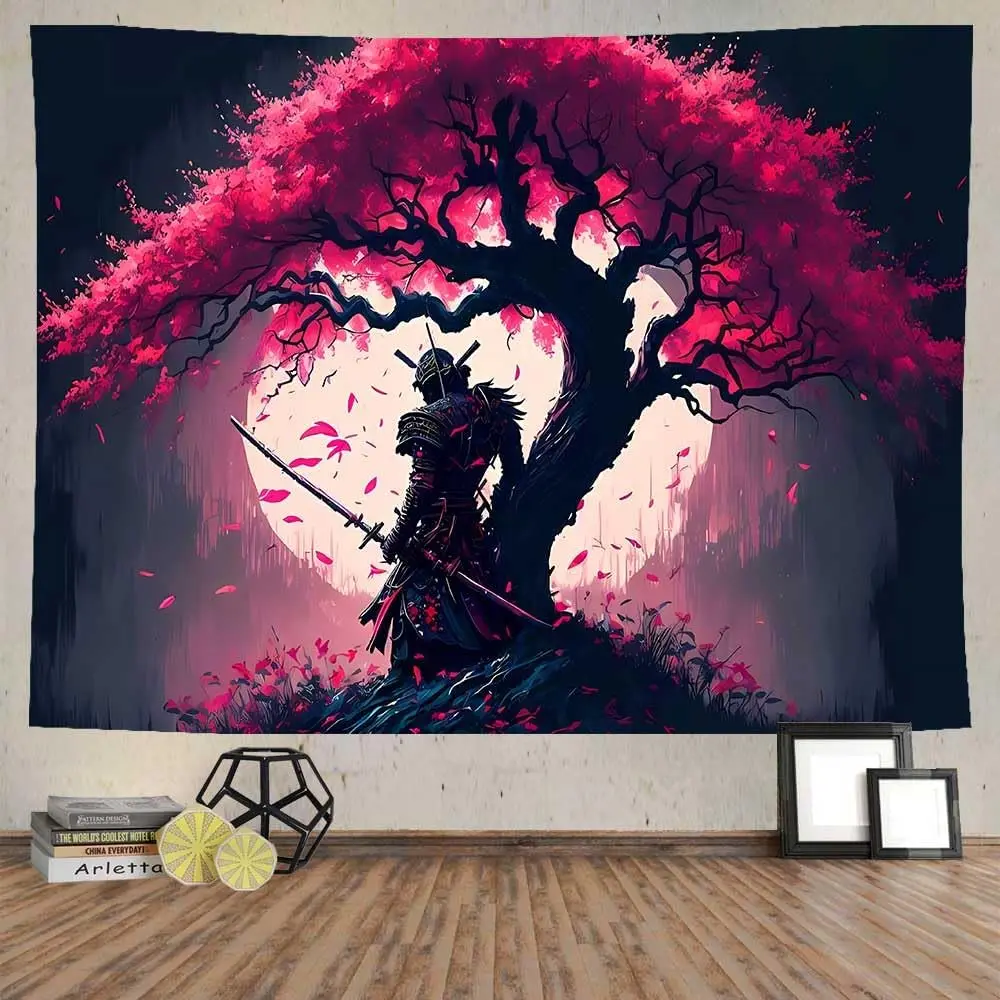 Japanese Samurai Tapestry for Bedroom Aesthetic Full Moon Cherry Blossom Tree Warrior Asian Oriental Room Wall Art Japan Art for