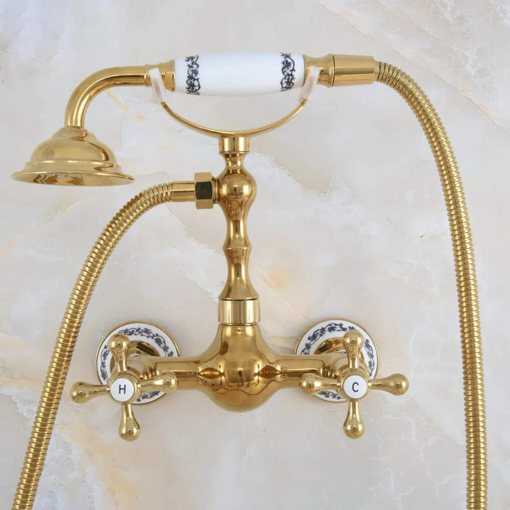 

Modern Golden Brass Wall Mounted Bathroom Shower Faucet Set with 1500MM Hose Handheld Spray Head Mixer Tap Dna828