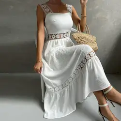 Summer Dress Women 2023 Sleeveless Backless High-Waist Loose Ruffle Hem Sling Dress Hollow Out Lace Patchwork A-Line Dress