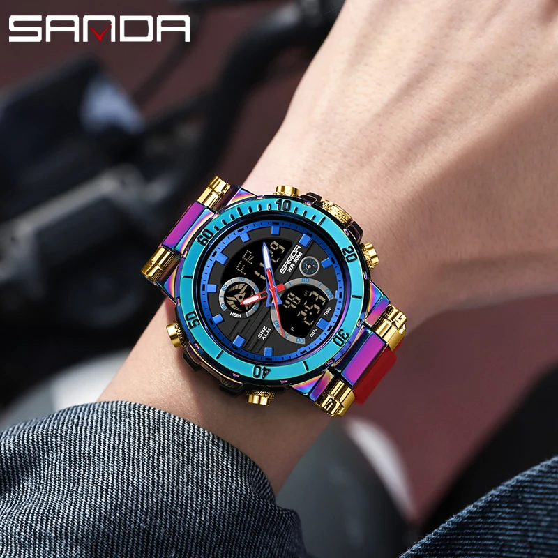 SANDA Sports Mens Watches 5ATM Waterproof Dual Display Quartz Wristwatch Chronograph Alarm Date Week Watch Man Silicone Strap