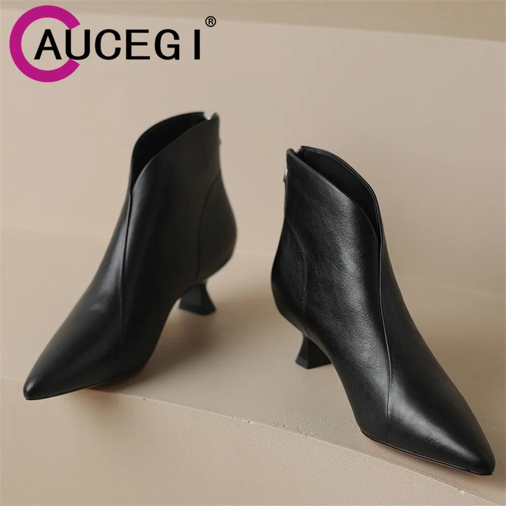 Aucegi Hot Sale Pointed Toe Kitten-Heels Women Ankle Boots Street Style Zipper Banquet Party Dress 2026 New Autumn Winter Shoes