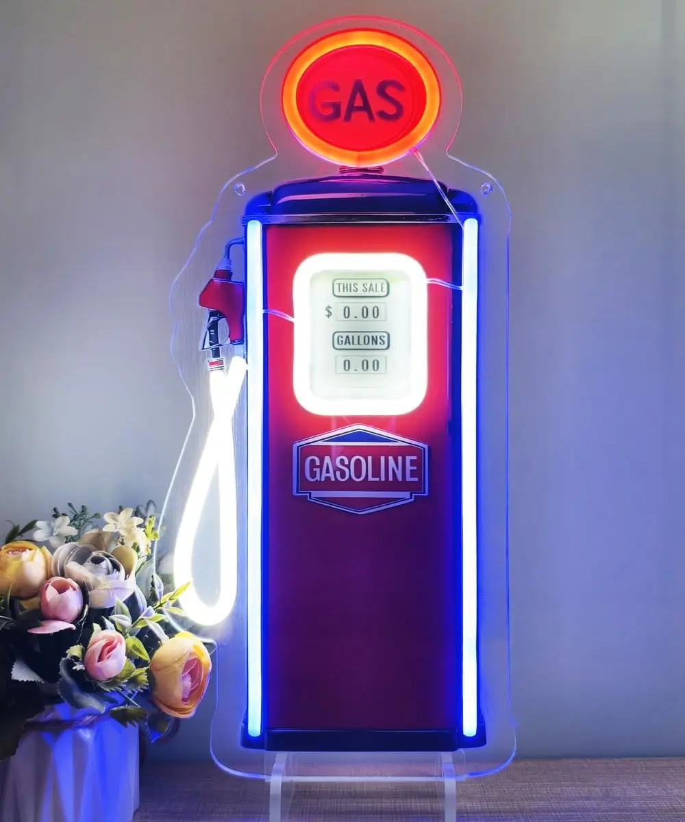Retro Gas Pump Neon Sign USB Powered LED Neon Light for Garage Bar Gaming Room Bedroom Decoration Birthday Gift Art Wall Light