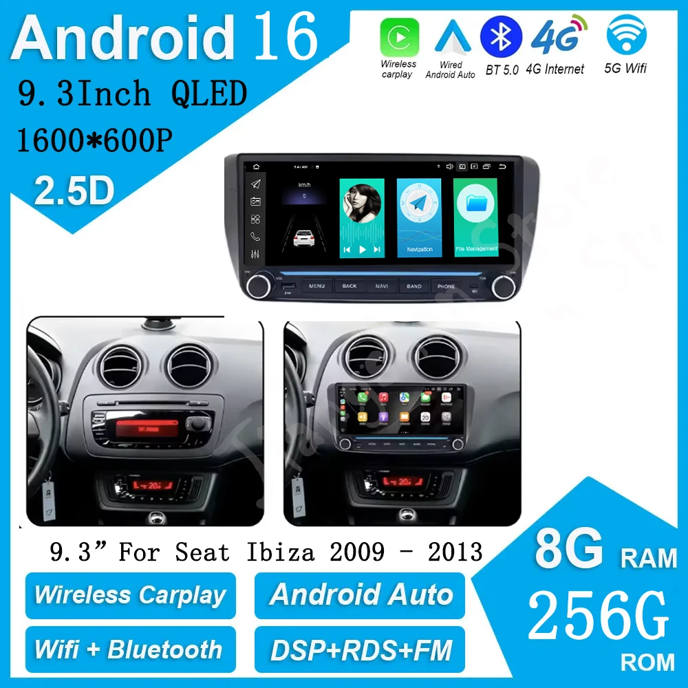 9.3 Inch DSP Steering Wheel Control Android16 Car With GPS Navigation Multimedia Carplay Auto For Seat Ibiza 2009 - 2013
