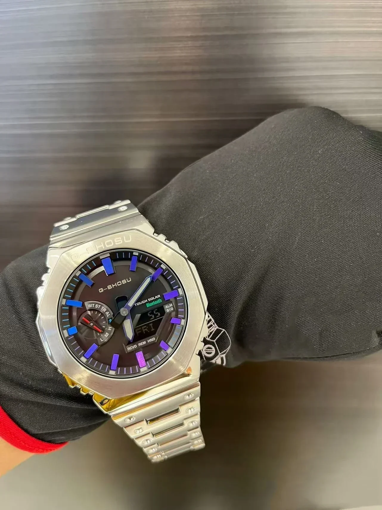 ساعة إلكترونية رياضية بحزام فولاذي للجنسين، وظيفة كاملة، شاشة LED مزدوجة، قرص كبير، توقيت عالمي