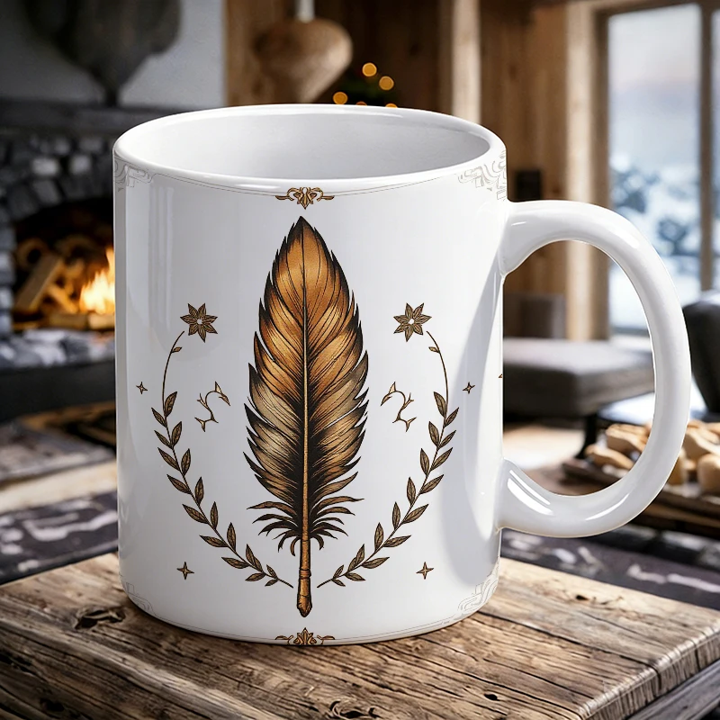 

Vintage Gold Feather Ceramic Mug Ornate Laurel Decor Coffee, Milk Cup, Office Tea Cup, Gift for Friends, Fade-Resistant