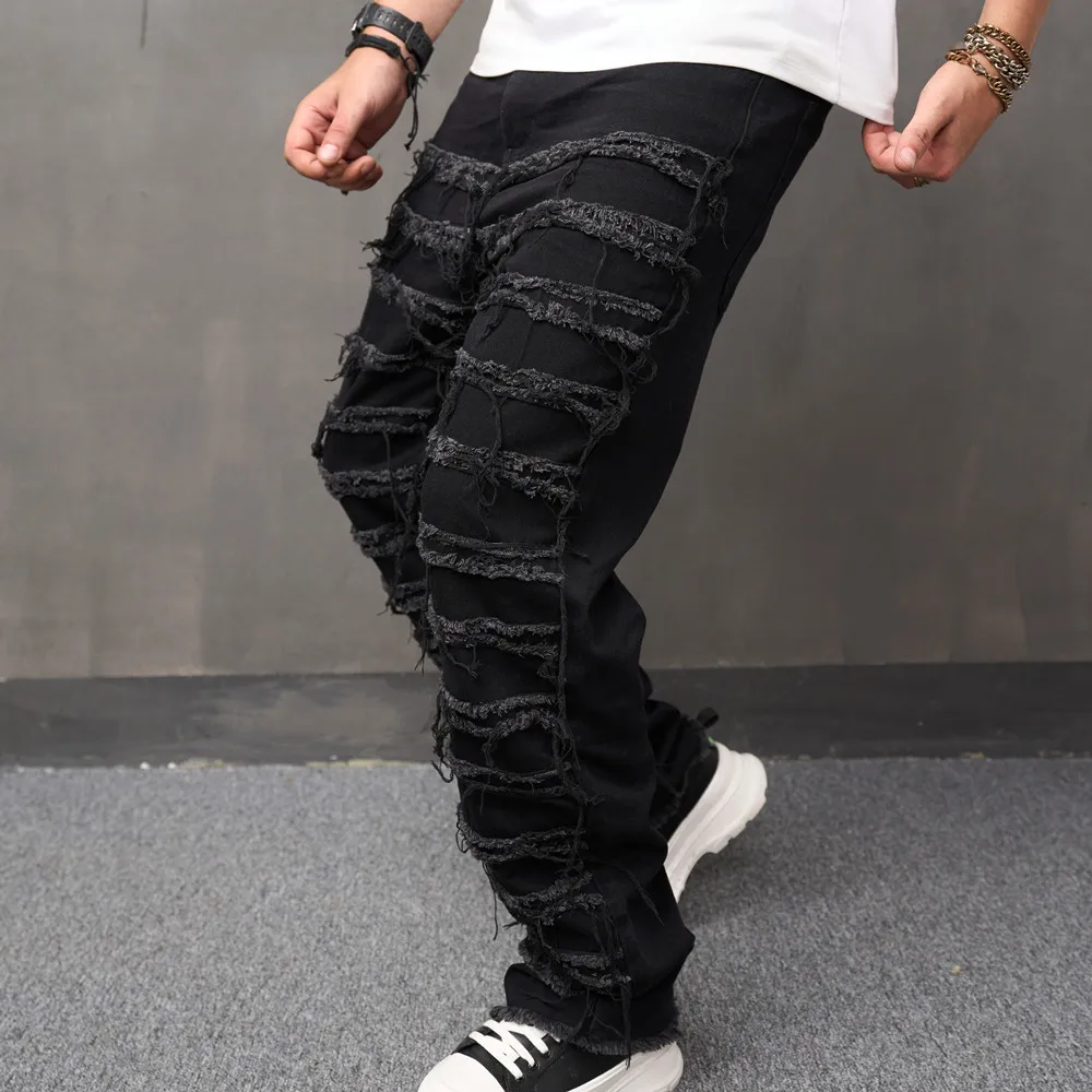 2023 Men High Street Stylish Ripped Patch Jeans Pants Male Loose Straight  Solid Casual Denim Trousers