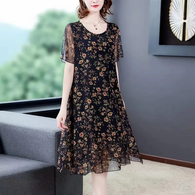 

Vintage Elegant Fashion Floral Printed Dresses New Summer Middle Age Mother Gauze Dress 5XL Large Size Midi Long Dresse Vestidos