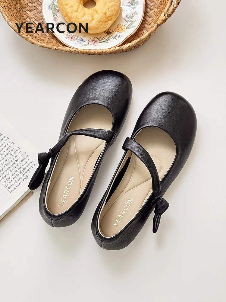

Женские туфли Yearcon Mary Jane из черной кожи, модные, на плоской подошве, с круглым носком, удобные повседневные туфли для осени