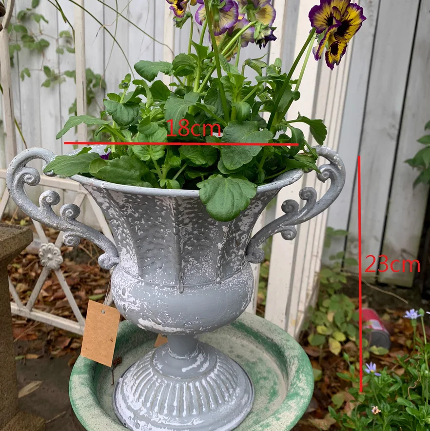 Vintage Rustic Gray Small Metal Trophy Flower Pot