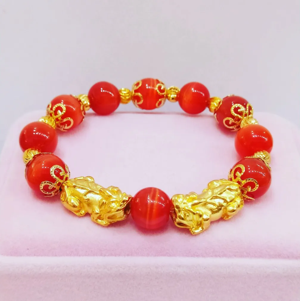 New 24k gold bracelet AU999 real gold double Pixiu with red cat;s eye stone womens pure gold bracelet jewelry