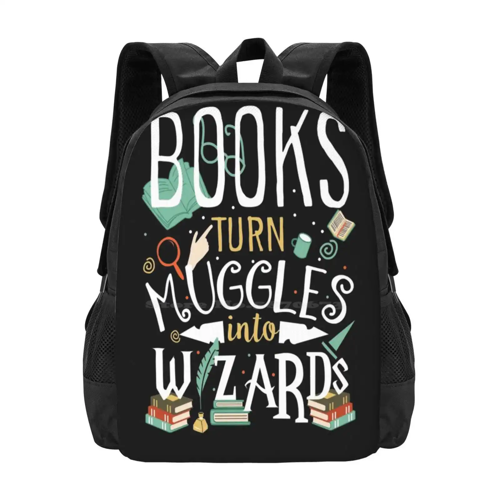 Books Turn Into Teen College Student Backpack Pattern Design Bags Books Reading Worm Quotes Magic Wizard Hp Love Lettering