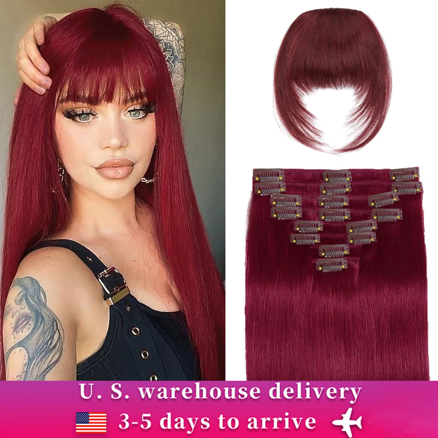 Human Hair Straight Clip in Hair Extensions Real Human Hair 99J Burgundy 100% Brazilian Human Hair Extensions 18Inch/70g/7Pcs