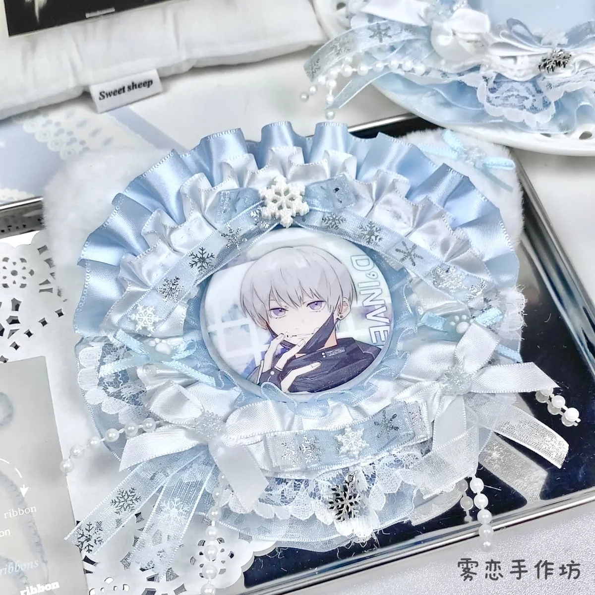 Winter Snowflake Lace Ribbon Badge Rosette Hand Made Cute Light Blue Ita Bag Decoration Cute Lolita Accessories