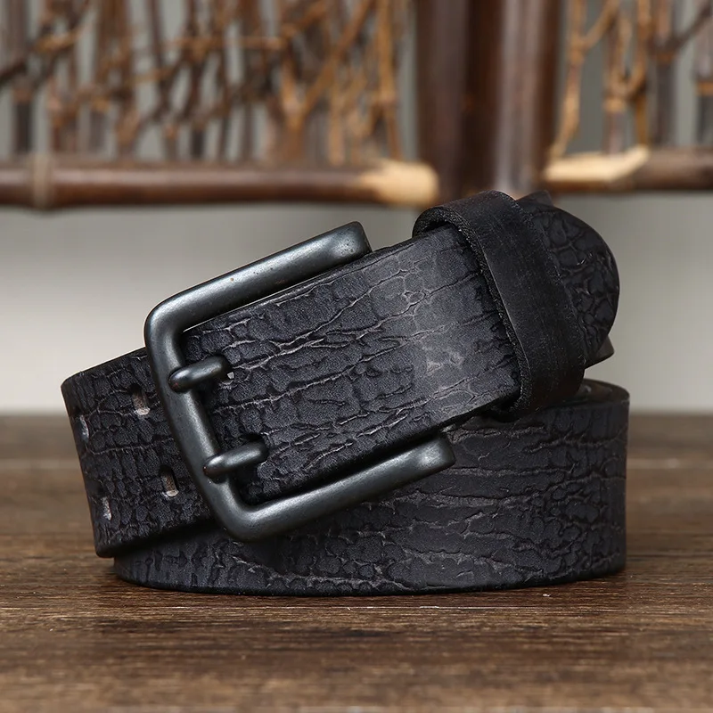 Men's Retro Personality Trend Crack Double Pin Buckle Genuine Leather Belt Denim Casual Belt
