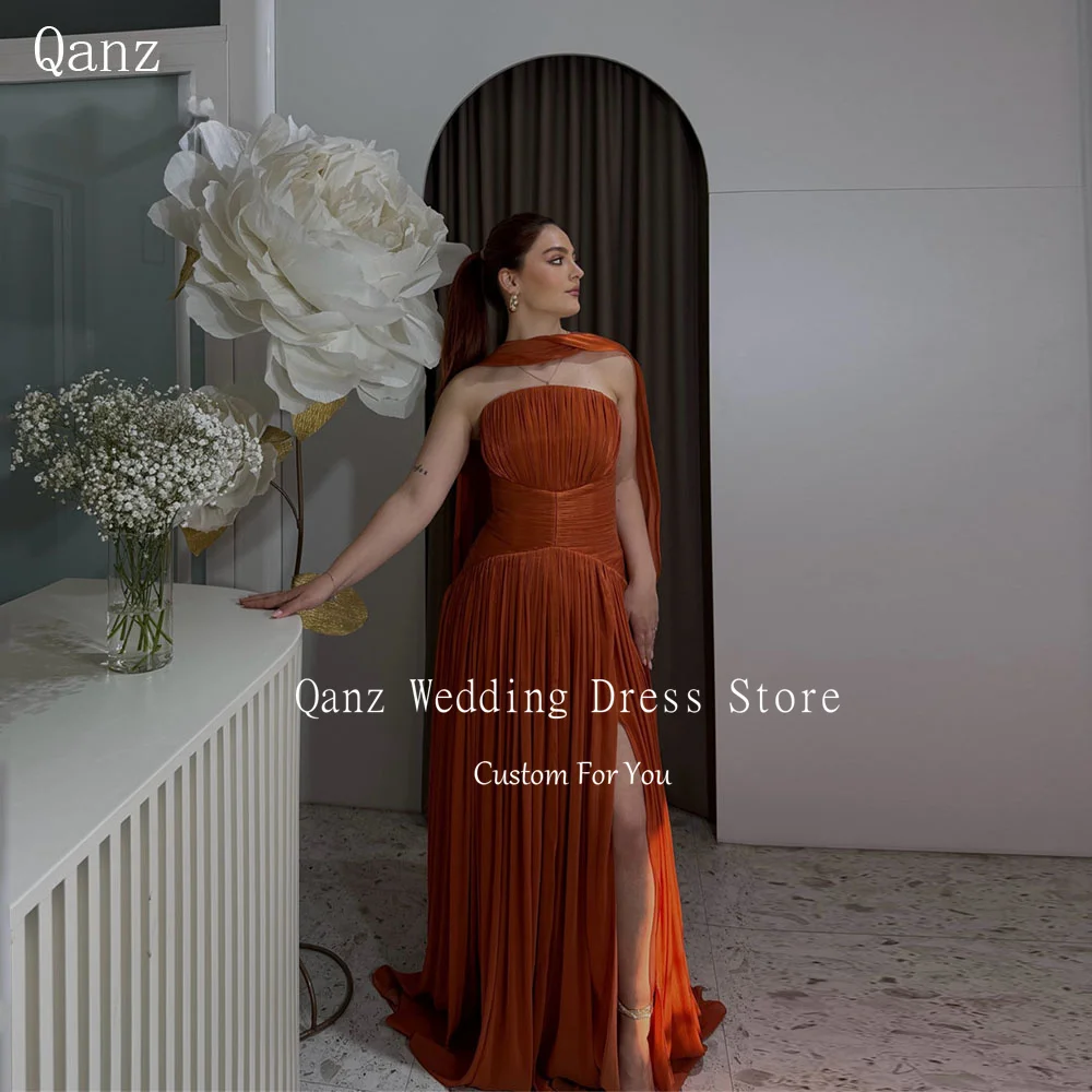 

Qanz Rust Orange Long Evening Dresses Strapless High Slit Women's Wedding Party Attire Backless Vestido De Festa Customized