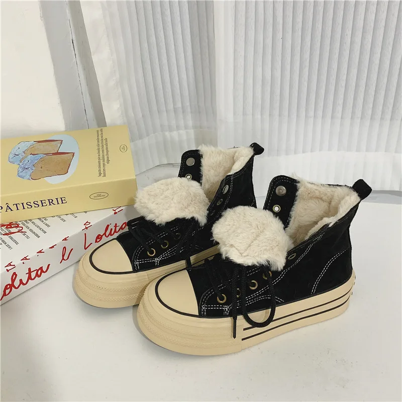 Fashion Korean High Top Sneakers for Men Classic Black White Version Ankle Boots for Women Thick Sole Trend Velvet Canvas Shoes