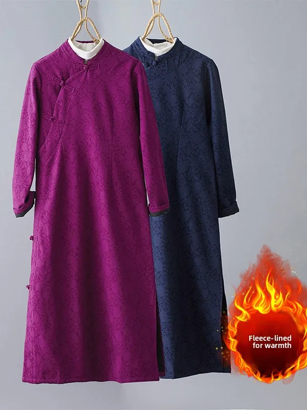 새로운 중국 스타일 개선된 치파오 드레스 여성 플러스 사이즈 가을 겨울 안감 있는 꽃 자수 고급 의류