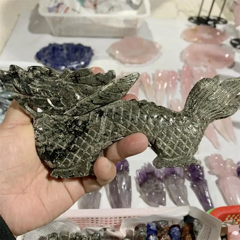 Natural Pyrite Chinese Dragon Carving Statues Stones Healing Fengshui Home Decoration Accessories 1PCS