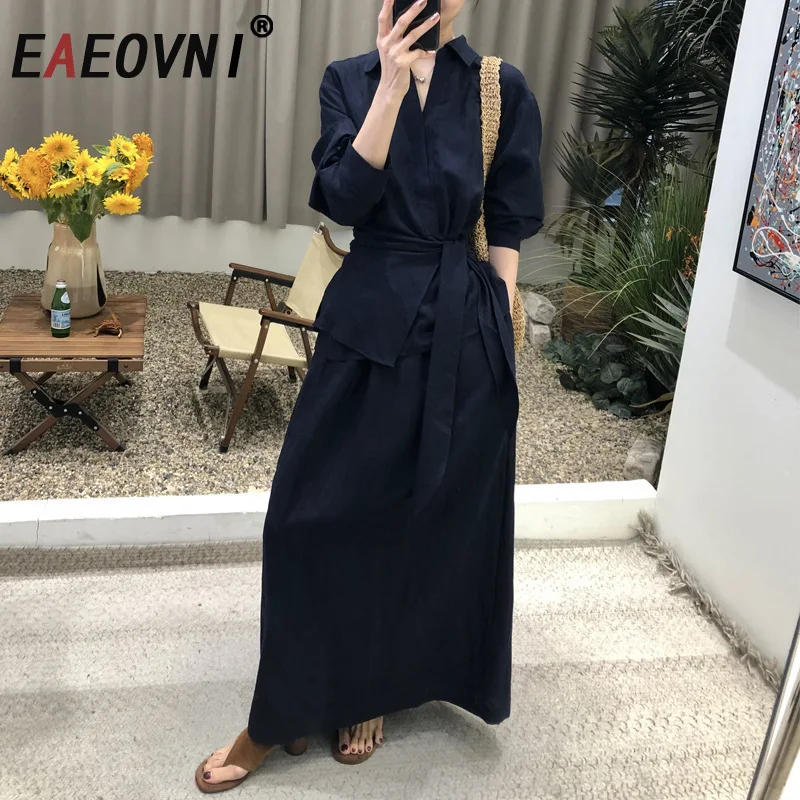 

EAEOVNI Повседневный летний льняной женский комплект из 2 предметов, бандажная рубашка со сборкой на талии + длинная юбка трапециевидной формы с высокой талией, новинка 2025 г. 1A1645