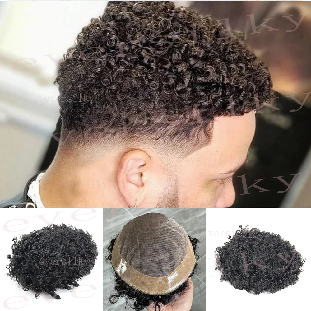 

12mm Curly Mens Toupee 100% Human Hair System Wigs Breathable Mono Lace&Pu Male Prosthesis 10mm Afro Wave Replacement Hairpieces