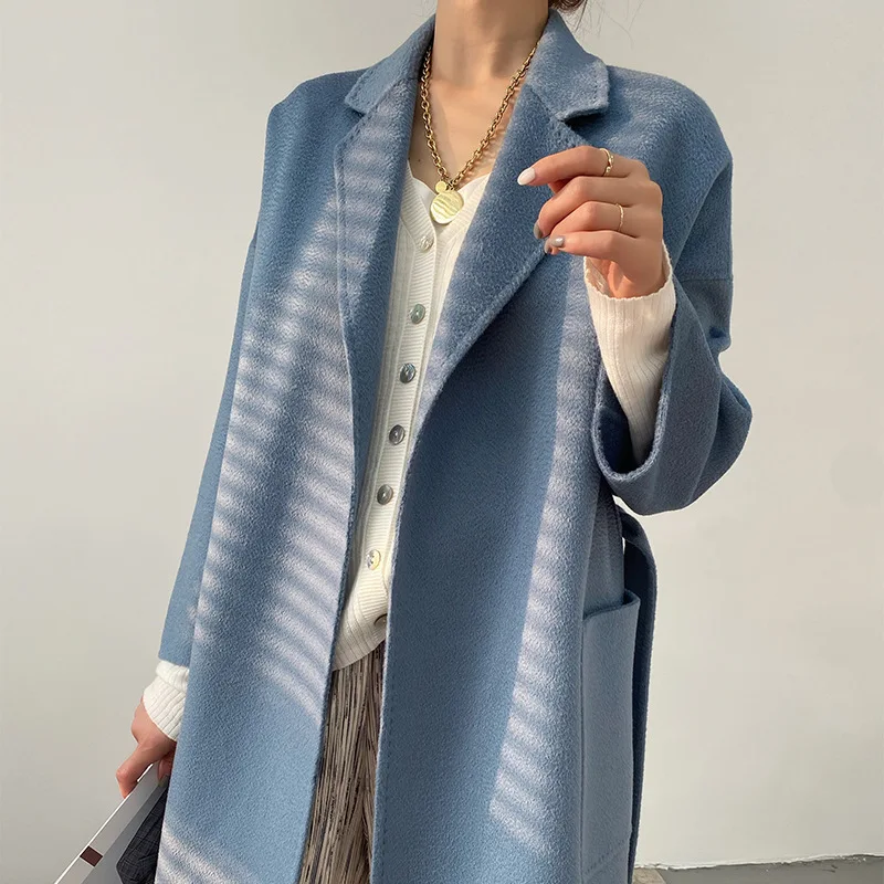 HKSH Herbst Winter Neue Frauen Doppelseitige Wolle Mantel drehen-unten Kragen Gürtel Vielseitig Elegante Trendy Ins Mid-länge Jacke HK13231