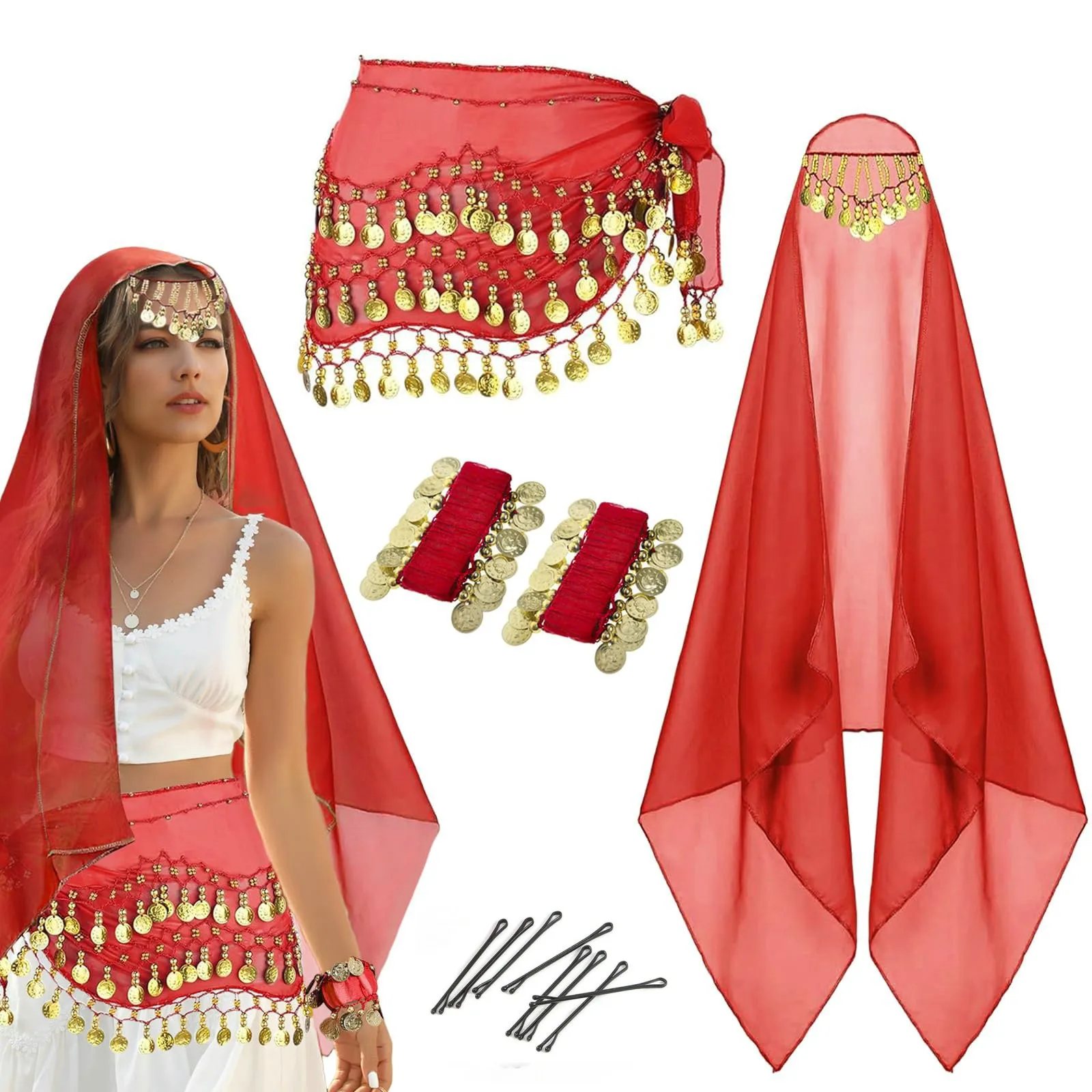 Women's Belly Dance Multicolored Costume Set Chiffon Veil Scarf Headwear Waist Chain Bracelet Hairpin 4Pcs for Stage Performance