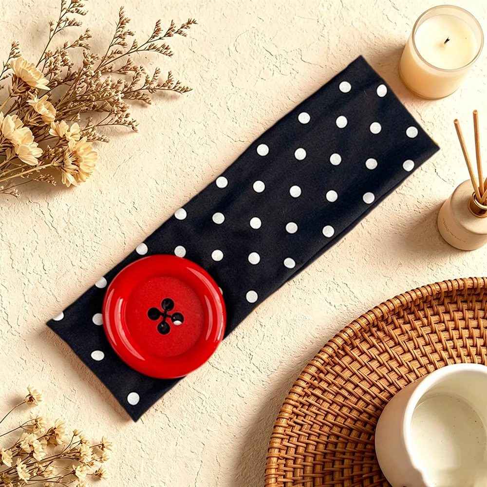 Mehrfarbiges Y2K Breites Kopfband mit Polka Dots, Elastisches Haarband mit Großen Kontrastfarben-Knöpfen, Weiches Haaraccessoire für Make-up, Alltag und Partys – Detail 7