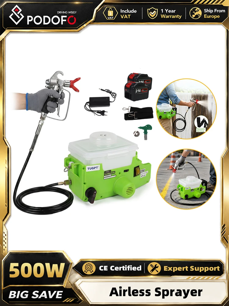 Podofo 500W Akku-Airless-Farbspritzgerät 17MPa/2465PSI Hochdruck-Akku-Spritzpistole mit 1,5m Schlauch & 2 Stück 4,5Ah Akku Tragbare Druckspritzpistole Poliermaschine für Innen-/Außenwände, Zäune