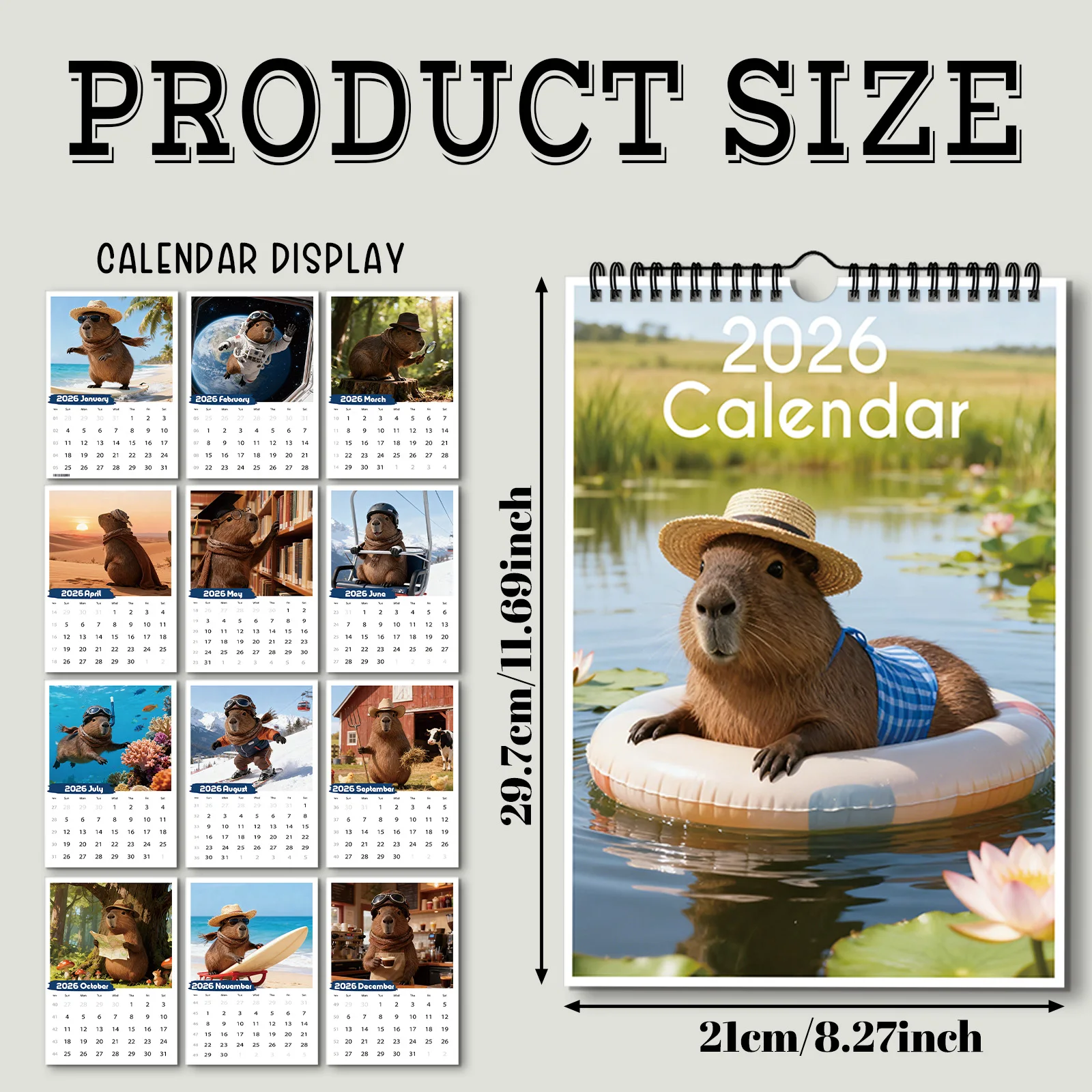 قطعة واحدة من تقويم كابيبارا 2026، مناسبة لفحص التواريخ، لتزيين المنزل، مثالية لمحبي الحيوانات، وهدية رائعة