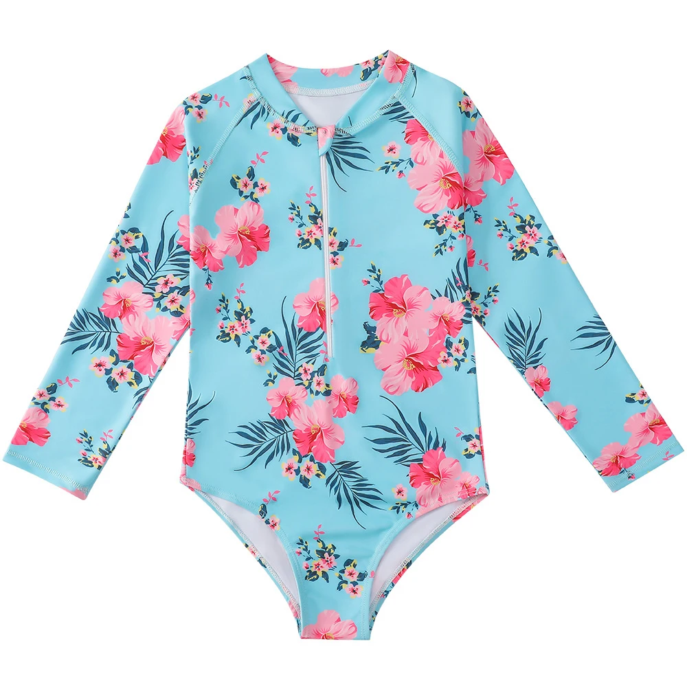 3-12 Year Girls Swimwear One-Piece Swimsuit  Long Sleeve Swimming Beach Wear Kids Children Bathing Suit Summer Girl Clothing