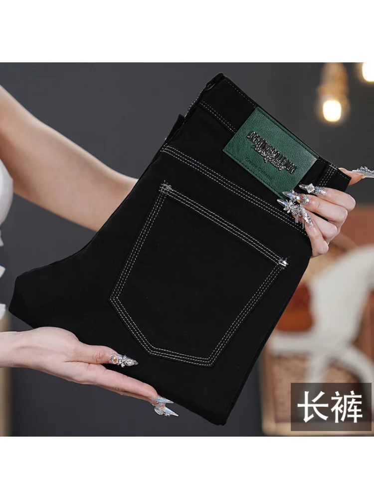 夏用薄手ジーンズ メンズ 純黒 スリムフィット 細身 伸縮性 おしゃれ 多機能 トレンド カジュアルパンツ