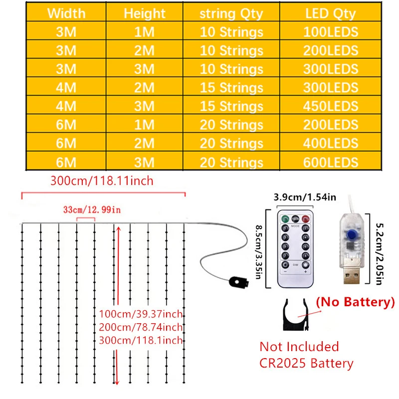 1pc USB LED Curtain String Light Fairy Remote Holiday Garland Lamp 8 Mode for Home Room Christmas New Year Wedding Party Decor