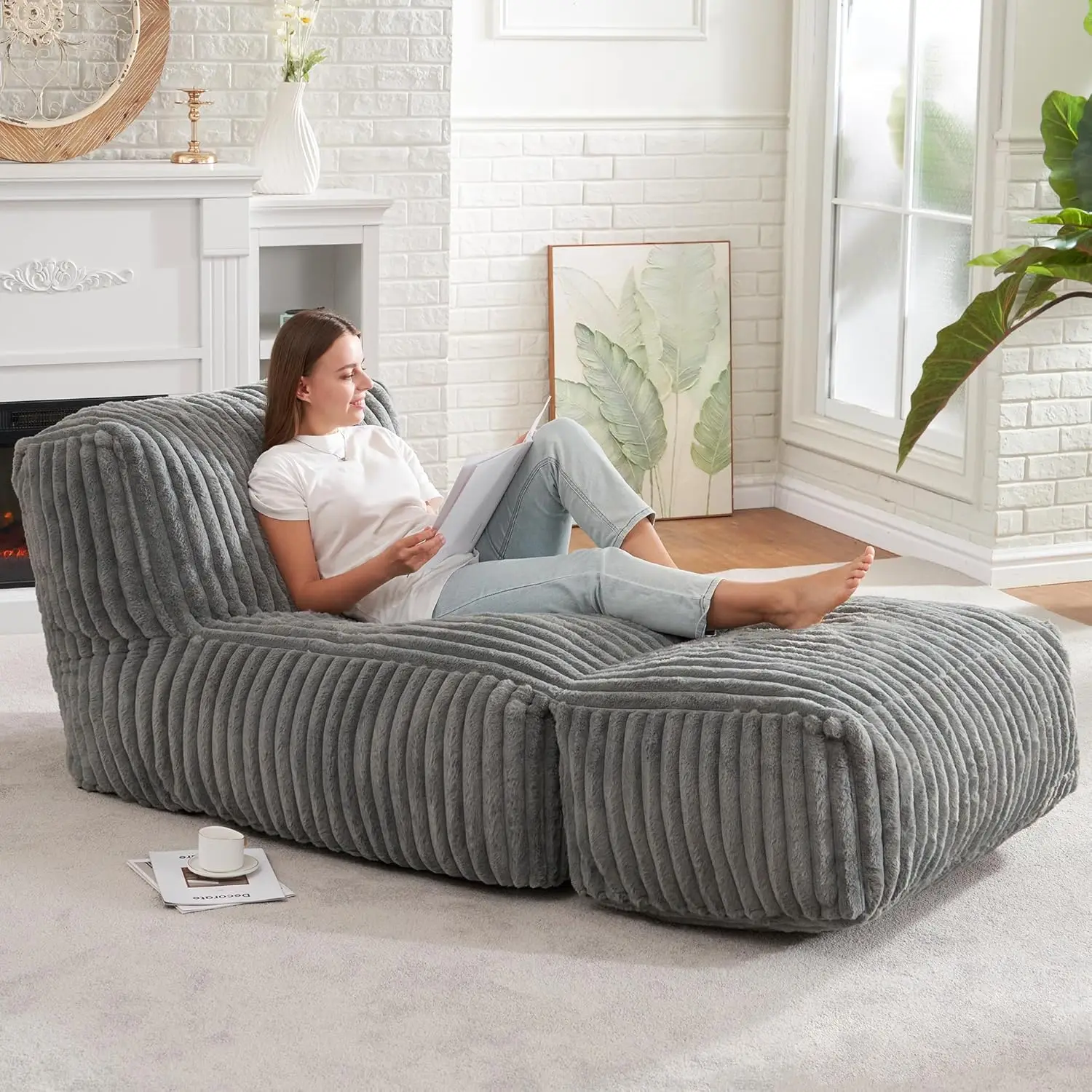 Giant Bean Bag Chair with Memory Foam Faux Fur Filler for Adults Lazy Sofa for Living Room Bedroom Office Grey Large