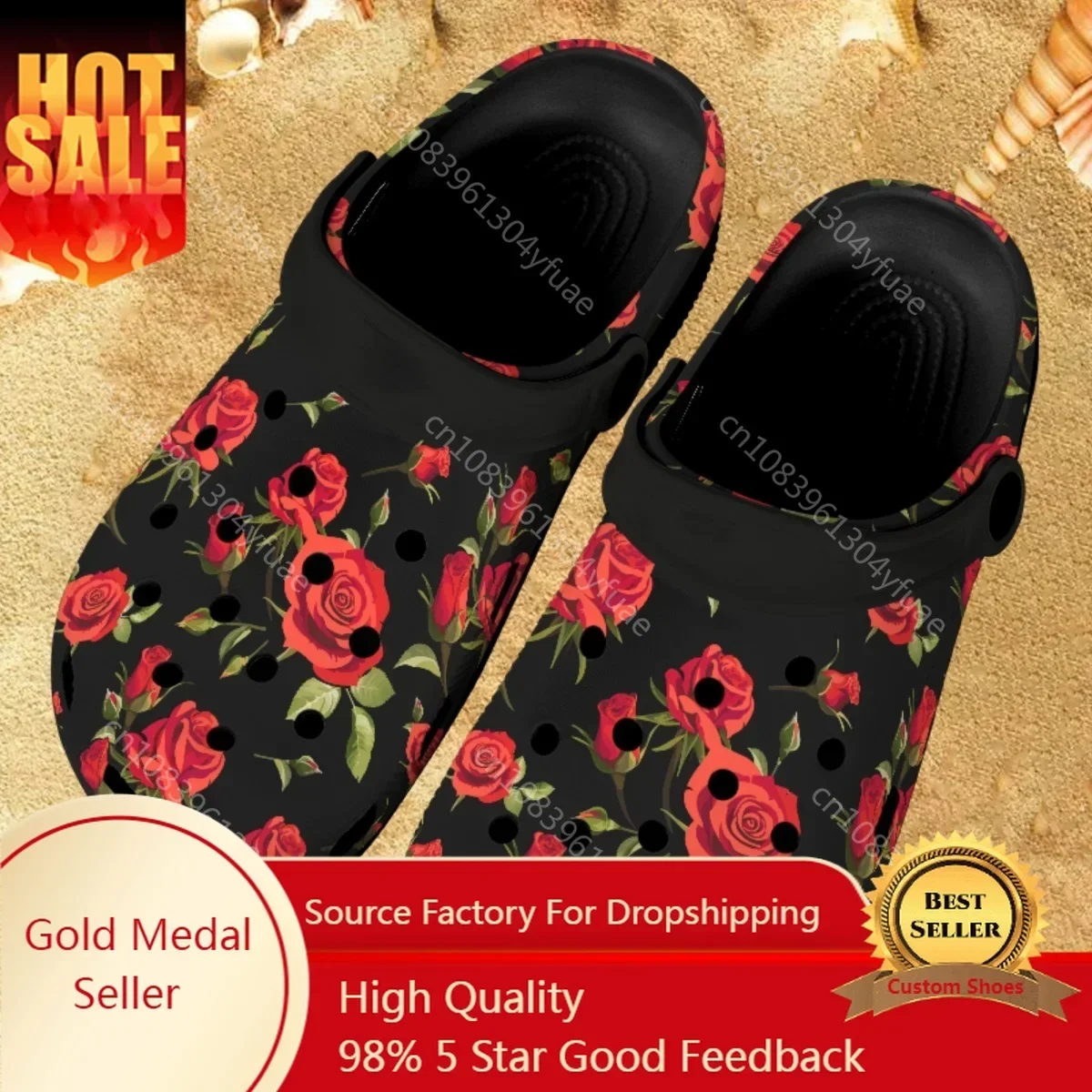 

Red Rose Printing Comfortable Breathable Sandals Female Valentine's Day Anniversary Gift Fashion Casual Indoor Outdoor Slippers