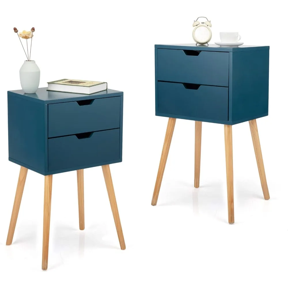 

Blue Nightstand Set of 2 with 2 Drawers for Bedroom Wood, Mid Century Bedside Table for Living Room, Modern Night Stand